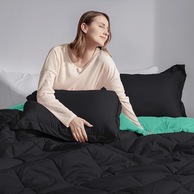 Basic Beyond King Size Comforter Set - Reversible All Seasons, Green/Black Mint Leaf, 1 King Comforter (104"x92") and 2 Pillow Shams (20"x36+")