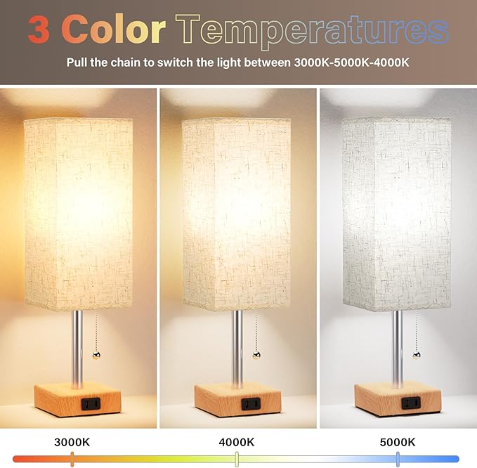 Table Lamp for Bedroom Set of 2 Nightstand - 3 Color Bedside Lamps with AC Outlets for Charging, Square Wooden Night Stand Light Lamp for Living Room, Office Desk