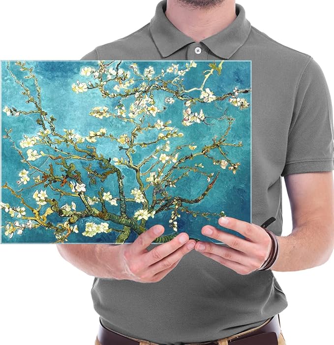 Wieco Art Almond Blossom Modern Framed Floral Giclee Canvas Prints By Van Gogh Famous Oil Paintings Reproduction Flowers Pictures on Canvas Wall Art Ready to Hang for Bedroom Home Decorations