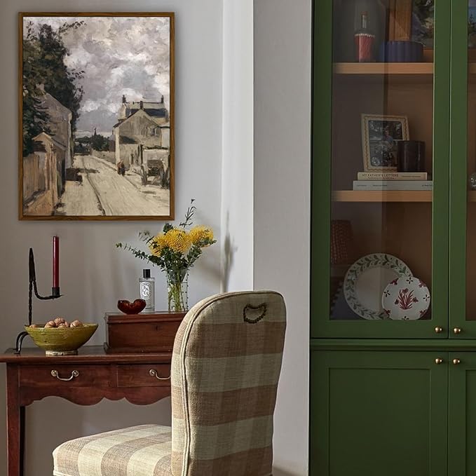 crmotu Framed Canvas Wall Art, Country Street Landscape Art Prints, Old Architecture Vintage Decor Pictures, Retro Scenery Wall Paintings for Living Room Bedroom Kitchen Rustic Farmhouse Decor 12x16in