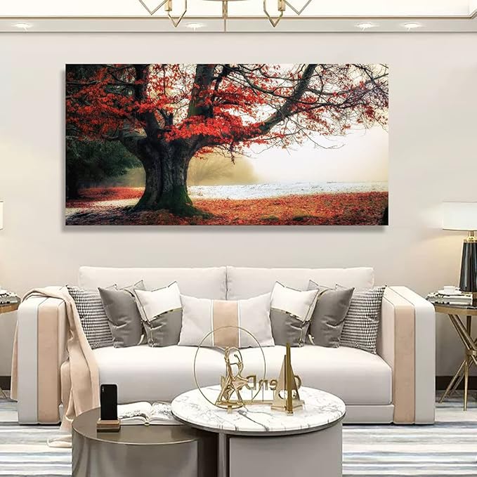 Stunning Nature Landscape Wall Art - 28x57 inches Canvas Artwork of Sunrise Forest Scenery with Red Leaves. Perfect Wall Decoration for Living Room, Bedroom and More