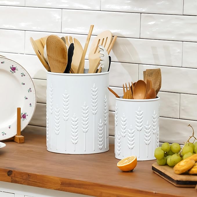 2 Pack Metal Utensil Holder for Kitchen Counter, 7.3"+5.4" Large Cooking Utensil Organizer Ear of Wheat Pattern Embossed Utensil Caddy for Party Cutlery Tool Holder Storage, White