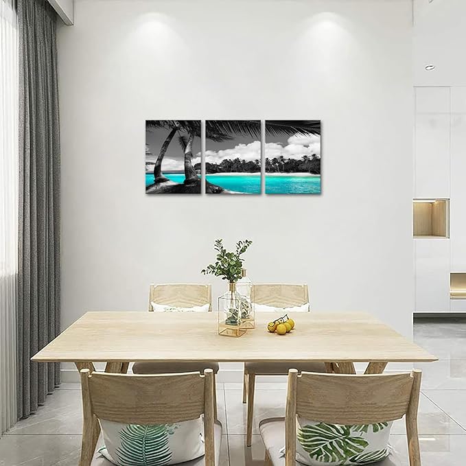 SkenoArt 3 Panels Teal Canvas Wall Art Black and White Hawaii Beach Pictures Tropical Palm Tree Artwork Giclee Prints for Bathroom Office Wall Decoration Framed Ready to Hang Each Piece 12"x16"