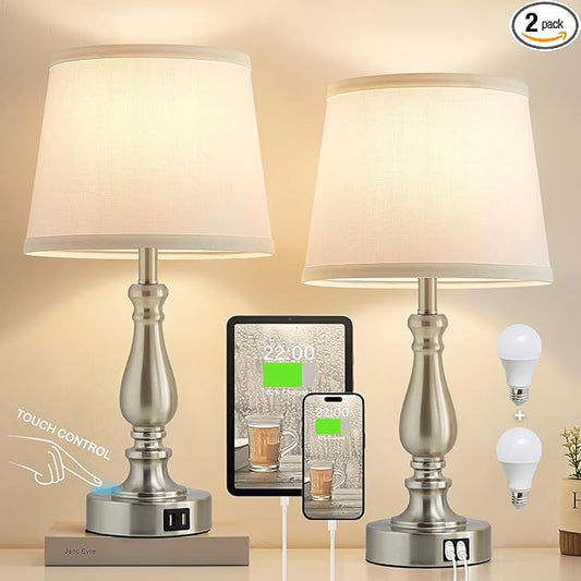 Table Lamps for Bedrooms Set of 2 - Touch Bedside Lamps with USB C+A Ports, 3 Way Dimmable White Nightstand Lamps for End Tables, Farmhouse Night Stand Lamps for Living Room Bed Side Guest Room