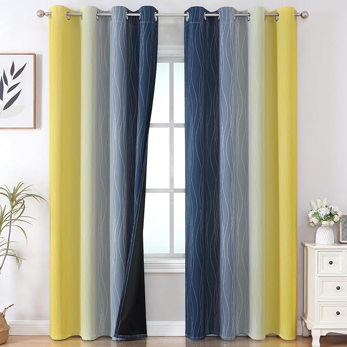 Estelar Textiler Navy Blue and Yellow Ombre Blackout Curtains 90 Inches Long 2 Panels for Living Room,Thermal Insulated Drapes for Bedroom,Full Light Blocking Grommet Curtains for Sliding Door,52Wx90L