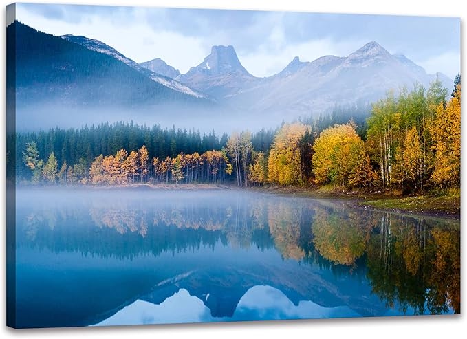SKASNFAI Lake Canvas Wall Art National Park Forest Mountains Painting Artwork Nature Prints Poster Framed for Living Room Bedroom (28x44 inch)