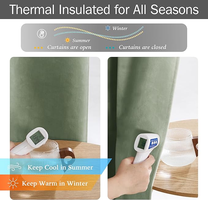 StangH Sage Green Blackout Curtains 96 inches Long, Super Soft Thick Velvet Thermal Insulated Soundproof for Bedroom Living Room Back Tab Hook Belt for Track System, W52 x L96, 2 Panels