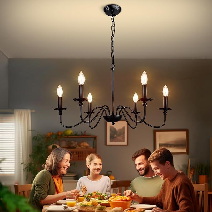 Depuley Farmhouse Chandelier for Dining Room: 6-Light Black Industrial Kitchen Island Pendant Light Fixture with 6 E12 Bulbs - Rustic Candle Chandeliers Vintage Modern Hanging Ceiling Lamp for Bedroom