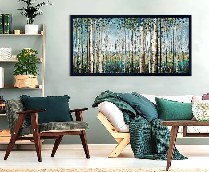 Pogusmavi Large Framed Birch Tree Canvas Wall Art Nature Painting for Home Decor | Teal Artwork for Living Room, Bedroom, and Office Pictures for Living Room 29×58IN