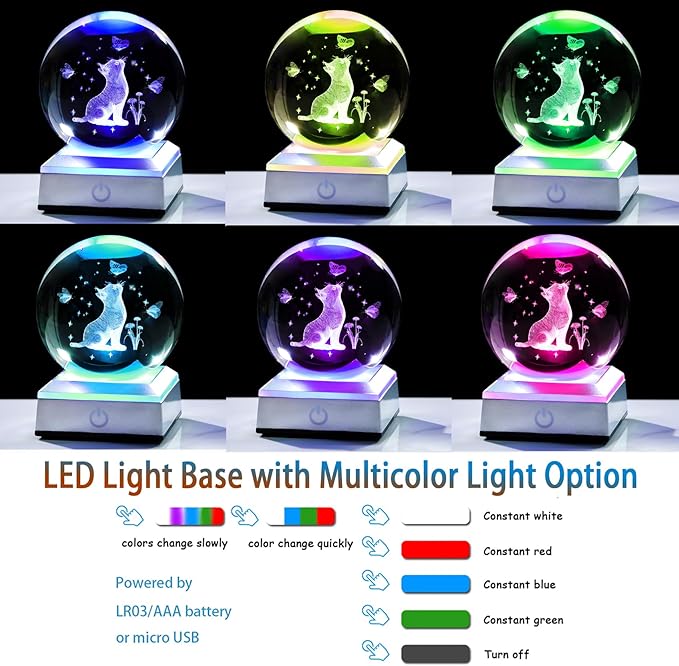 Ornalrist Cat Gifts for Women, Mom - 3D Crystal Ball 3.15'' Engraved Cat Butterfly and Carnation with LED Light Base - Cat Lovers Figurine Collection for Home Decor