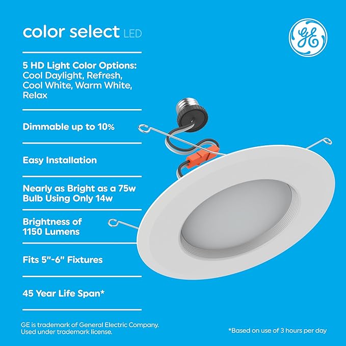 GE Color Select LED Recessed Downlight Fixture, RS6 Indoor Floodlight, 6-Inch, Multiple Color Temperatures, 75 Watt Replacement (3 Pack)