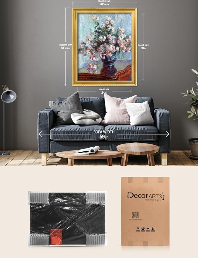 DECORARTS - Claude Monet Chrysanthemums 1882 Giclee Print with Gold Solid Wood Frame, Impressionist Large Framed Wall Art, Ready to Hang, Framed Size 28.75x34.75, Made in USA