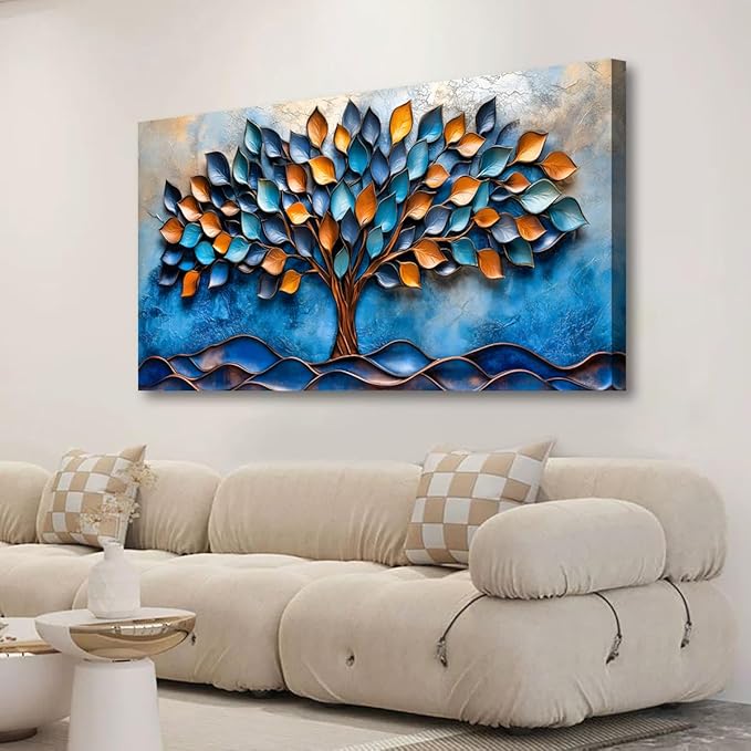 Tree of Life Pictures Canvas Wall Art for Living room Office Bedroom Wall Decor,Blue Leaf Wall Art Print Paintings Modern Autumn Blue Golden Scenery Artwork Waterproof Ready to Hang-20x40inch