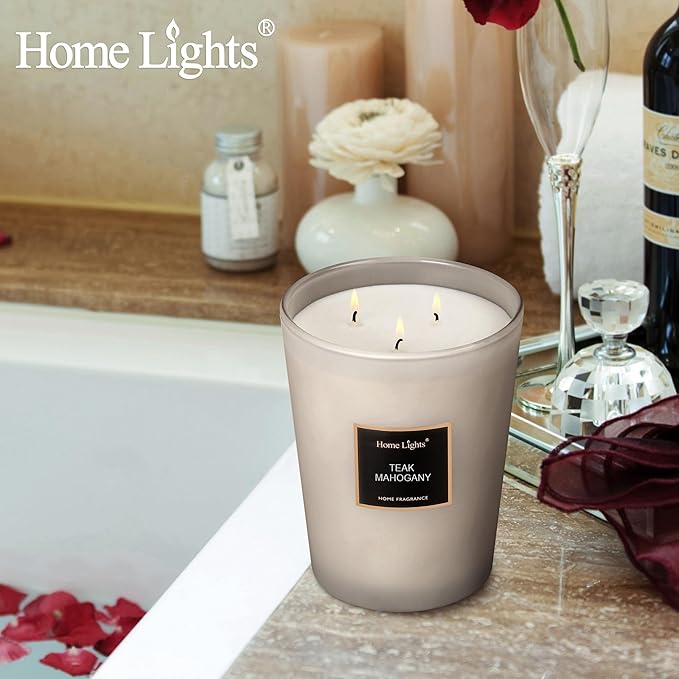 HomeLights Premium Scented Candles - 33.3 oz Natural Soy Wax, Aromatherapy for Home, Long Lasting Smokeless, 130 hrs Burn Time, 3 Cotton Wicks, Gifts for Women & Men - Teak Mahogany