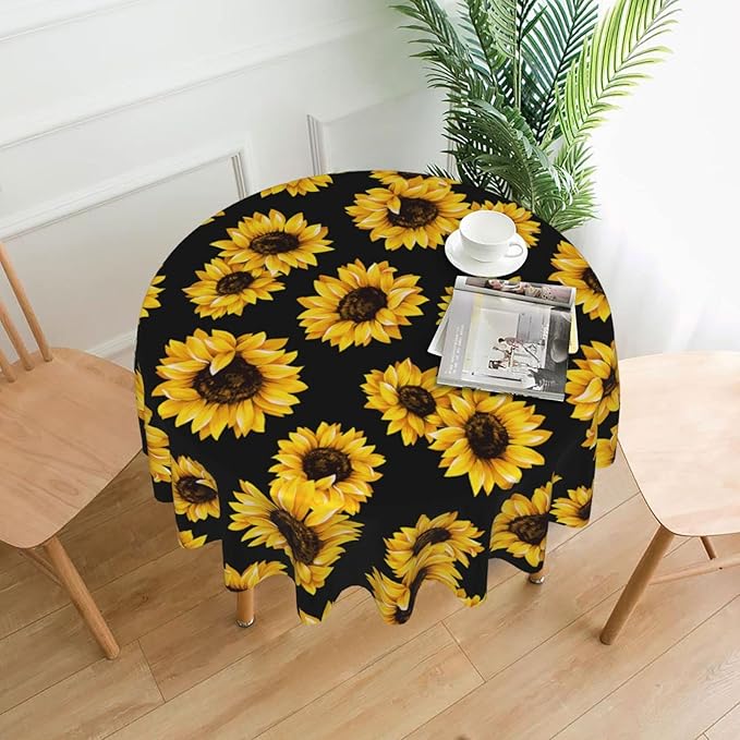 Kawani Sunflower Tablecloth Round 60 Inch Ruitic Yellow Floral Vinyl Table Cloth Waterproof Fabric Farmhouse Sun Flower Tablecloths Decorative for Holiday Home Party Wedding Picnic
