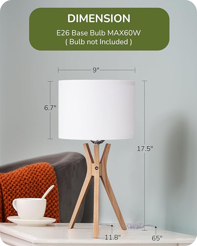 EDISHINE Modern Tripod Table Lamp, 17.5" Bedside Lamp with Natural Wood Light Legs & White Linen Lampshade, Nightstand Lamp for Bedroom, Living Room, Reading Room, E26 Base