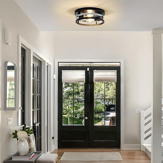 2 Light Industrial Ceiling Light Black Chrome Semi Flush Mount Lights Close to Ceiling Light Fixtures,cage design Farmhouse Ceiling Lighting for Kitchen Bedroom Bathroom Foyer Hallway (E26, 1Pack)