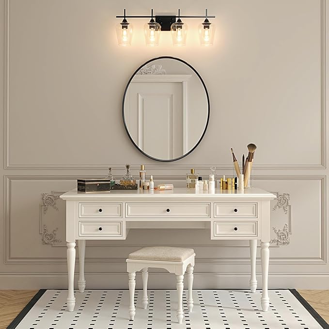 VONLUCE Bathroom Vanity Light, 4 Light Bathroom Light Fixture Over Mirror, Bathroom Wall Lamp with Clear Glass, Modern Black Vanity Lighting fixtures for Bathroom, Bedroom, Hallway