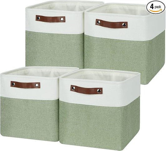 Temary Fabric Storage Bins for Organizing Clothes, Closet Baskets with Handles - Decorative Storage Boxes for Home (White & Green, 12 Inch, 4 Pack)