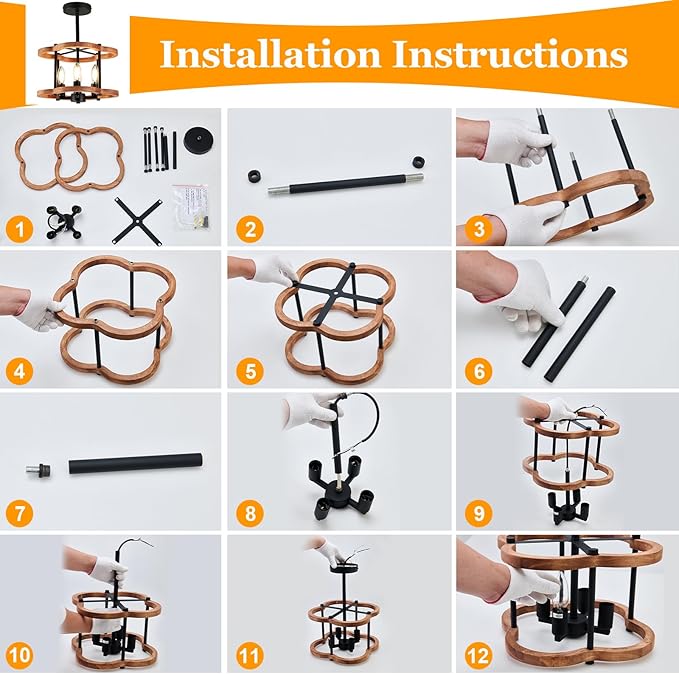 4-Light Rustic Semi Flush Mount Ceiling Light, 13" Farmhouse Wood Close to Ceiling Lighting with Black Metal Industrial Hallway Light Fixtures for Living Room Bedroom Dining Room Foyer Entryway