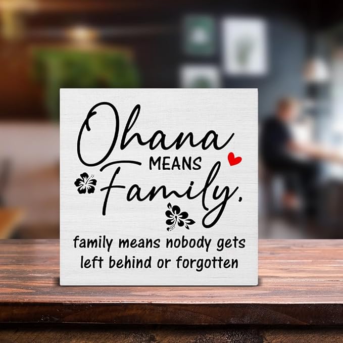 Family Signs for Home Decor, Farmhouse Ohana Means Family Wood Sign Home Living Room Hallway Bedroom Kitchen Desk Shelf Table Decoration 5 X 5 Inch