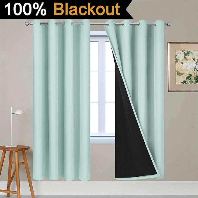 Yakamok 100% Blackout Curtains Energy Saving Thermal Insulated 2 Thick Layers Completely Blackout Drapes with Black Liner for Bedroom (52Wx72L, Aqua, 2 Panels)