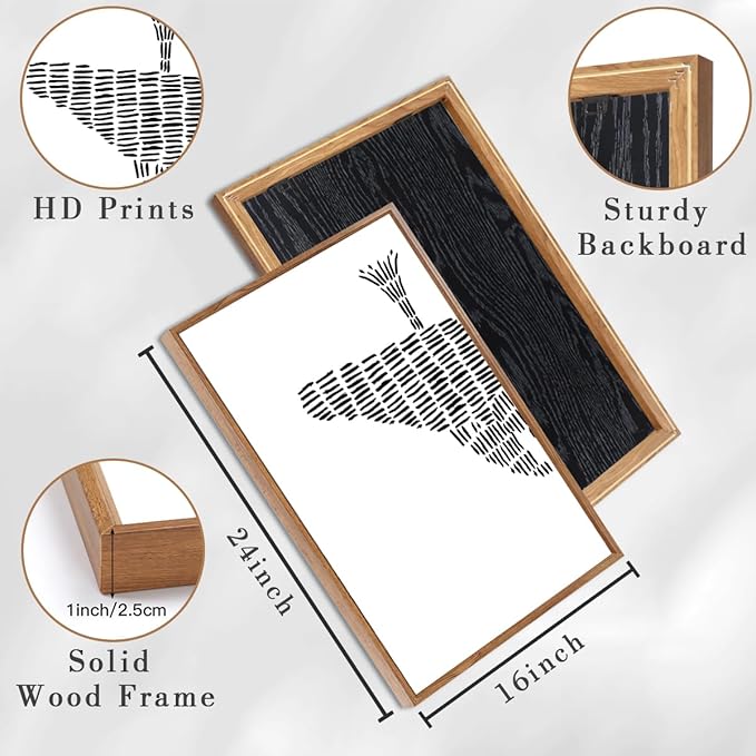 ANHUIB Large Abstract Wall Art Black and White Wall Decor 16x24 Inch Framed Minimalist Line Art Prints Whale Paintings Set of 3 for Living Room Bedroom Office