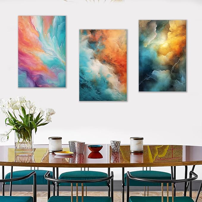 Colorful Canvas Wall Art Abstract Rendering Clouds 3 Pieces Modern Pictures Print Multicolor Poster Painting Wall Decor Artwork for Bedroom Kindergarten Office Stretched and Framed [48''W x 24''H]