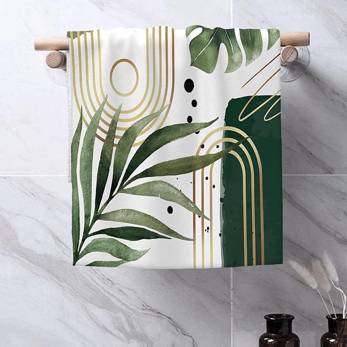 Boho Kitchen Towels 16x24 Inch Sage Green Mid Century Tropical Leaf Summer Decor Dish Towels Abstract Geometric Decoration Hand Towels Absorbent Dish Cloths for Home Kitchen Dining Set of 2