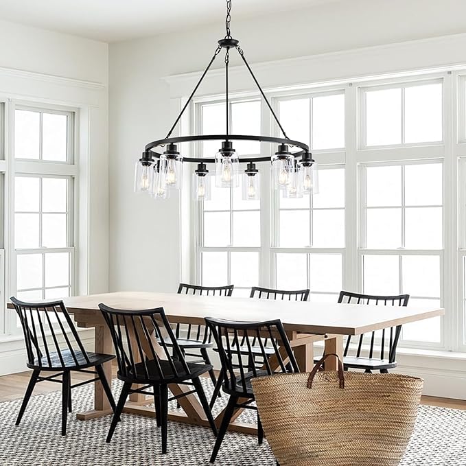 9-Light 32" Modern Farmhouse Chandeliers for Dining Room,Wagon Wheel Black Chandelier,Adjustable Height Hanging Round Pendant Lights for Kitchen Island Clear Glass Shade Ceiling Light fixtures