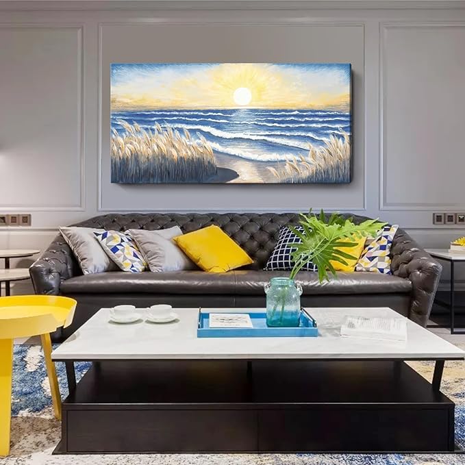 Large Canvas Wall Art for Living Room Blue Ocean Beach Sunset Sea Waves Nature Landscape Seascape Painting Seaside Reeds Pictures Seashore Coastal Serene Artwork for Home Lake Bedroom Office 60x30inch