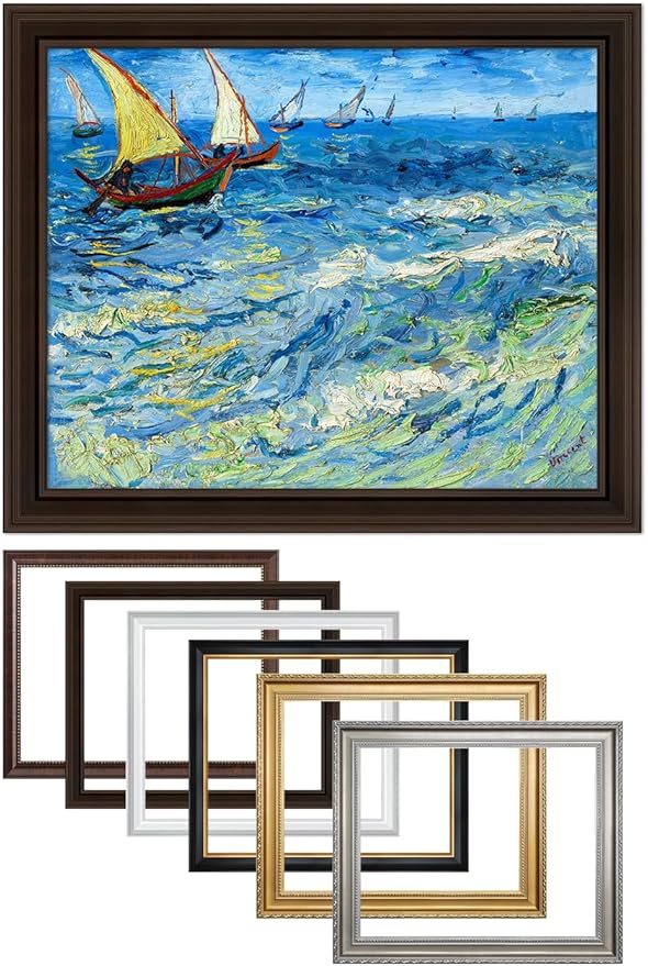 DECORARTS - Fishing Boats At Sea - Vincent Van Gogh Giclee Prints w/Antique Brown Frame for Wall Decor. Picture Size: 20x16, Total Size w/Frame: 23x19