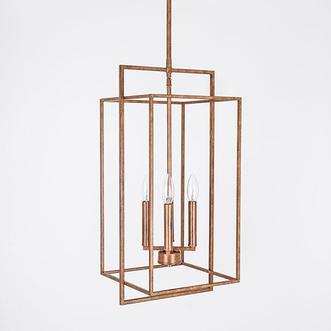 Antique Bronze Chandelier Lighting Fixture with Geometric Metal Cage, Retro Inspired 4-Light Industrial Pendant for Kitchen Island, Living Dining Room, Home Office Stairwell