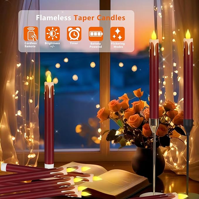 Flameless Taper Candles 10.6" Dripless Battery Operated Taper Candles Included Remote Timer 400+ Hours by 2AA Batteries for Halloween Christmas Wedding (Burgundy+White, 24 Pack)
