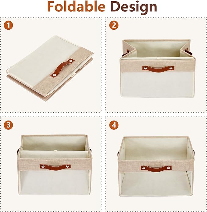 Large Storage Baskets with Clear Window, See Through Closet Organizer with PU Handles, Linen Foldable Storage Bins for Organizing Clothes, Toys, Books (Khaki)