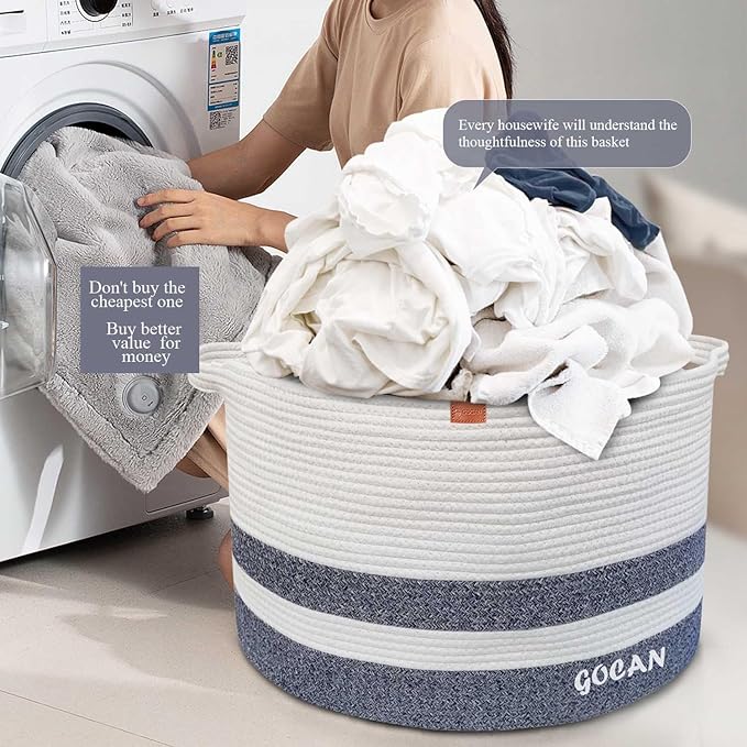 Extra Large Laundry Basket 22" X 22"X 14" XXXL Cotton Rope Woven Basket for Blankets Storage Basket with Handles for Living Room (Dark Grey/Beige)