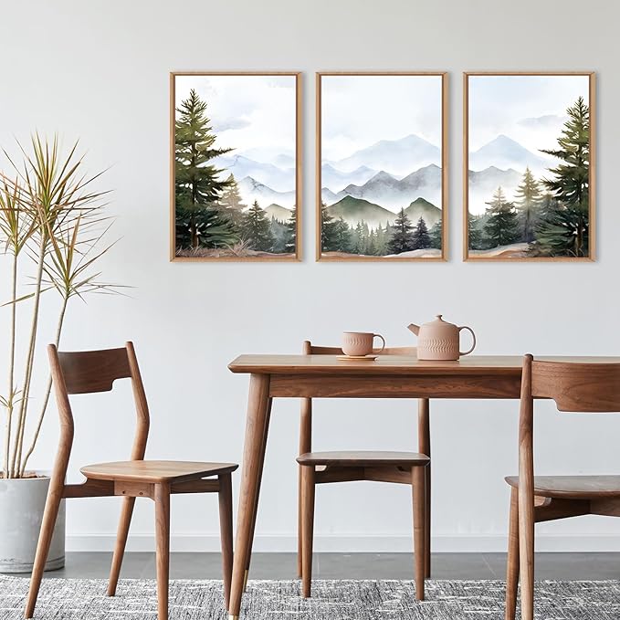 KAIRNE Framed Mountain Canvas Wall Art Set, Misty Forest Wall Decor, Green Pine Tree Wall Painting, Nature Widerness Landscape Art Print for Living Room, Bedroom, Study, Gallery - 16"x24"x3