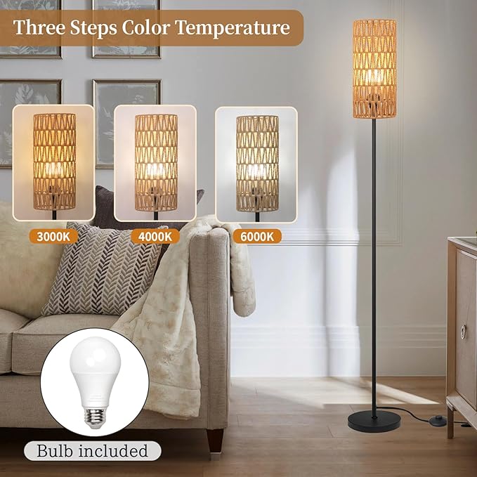 Floor Lamp for Living Room,Farmhouse Rattan Floor lamp,Modern Standing lamp with 3 Color LED Bulb,Black Tall Lamp with Foot Switch