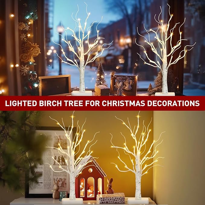 Vanthylit 2 Pcs Lighted Birch Tree Battery Powered Tabletop Tree Decorations for Home Fireplace Party Christmas Decorations (22 Inch)