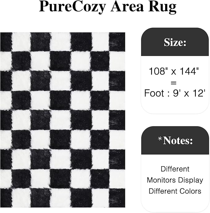 Checkered Rug 9x12 for Living Room, Black and White Modern Shag Super Soft Washable Fluffy Rugs Indoor Fuzzy Carpet for Bedroom Home Dorm Aesthetic Decor