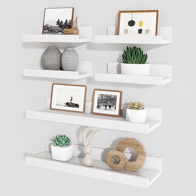 Axeman Picture Ledge Shelf, Floating Shelves for Wall Decor Storage Set of 6, 16 inch Floating Wall Mounted Shelves, Wall Shelves with Lip for Living Room, Bedroom, Nursery, Bathroom, Kitchen, White