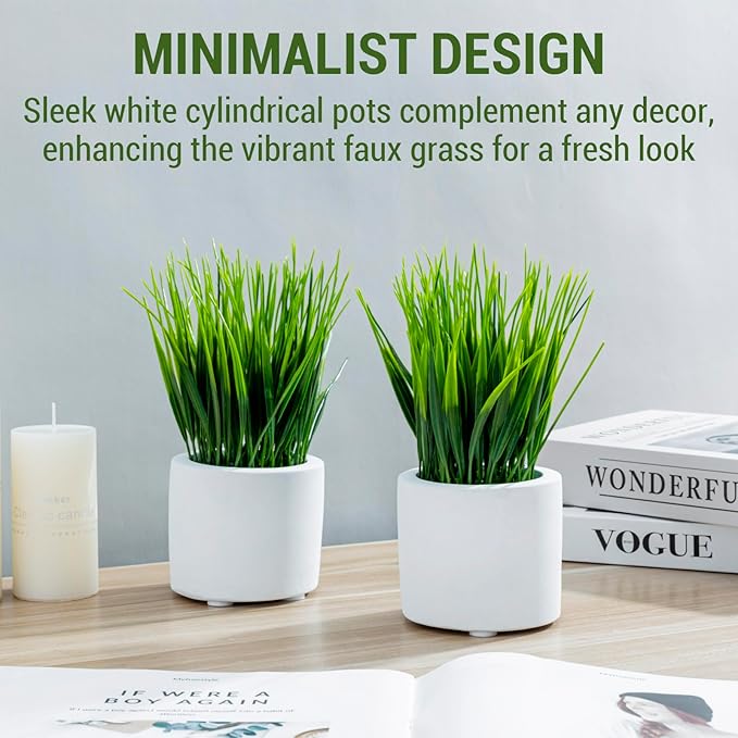 MyGift Artificial Grass Plants in Modern Cylindrical White Cement Pots, Decorative Faux Greenery Plant in Tabletop Planter, Set of 2
