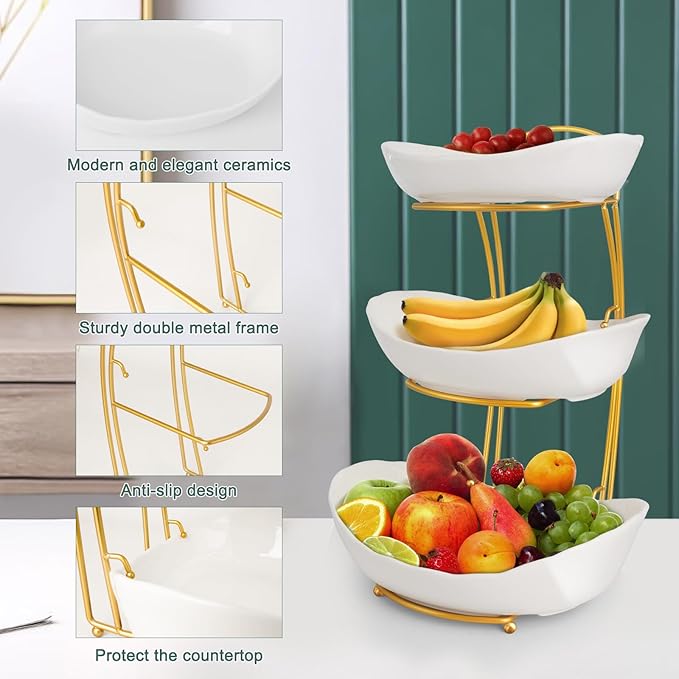 3 Tier Fruit Bowls for Kitchen Counter, White Ceramic Serving Bowls with Gold Metal Stand, Tiered Fruit Basket Display Rack for Fruits Vegetable Snack Nuts Cake Dessert Storage