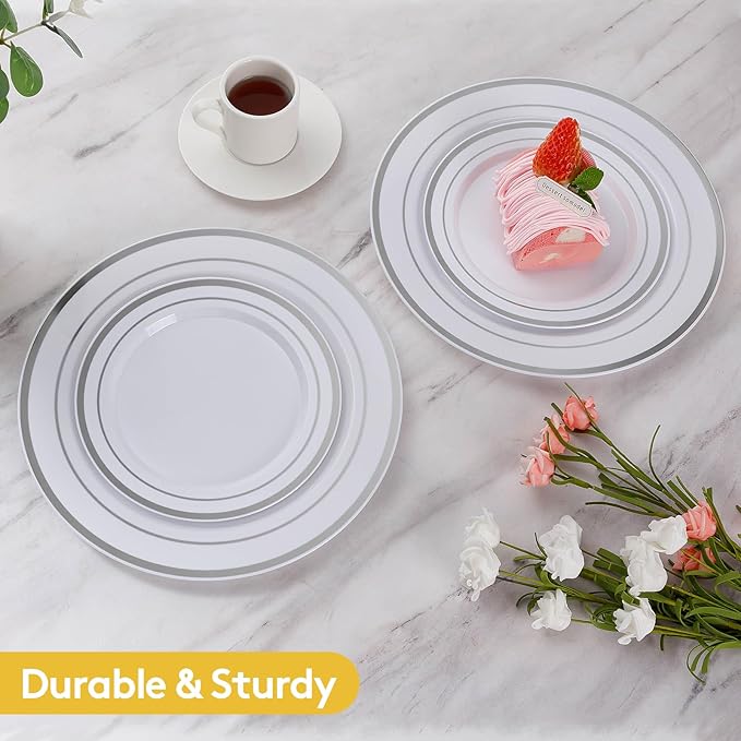 Goodluck 200PCS Silver Plastic Plates, Heavy Duty Disposable Gold Plates with 100 10.25 inch Dinner Plates and 100 7.5 inch Dessert Plates, Disposable Plates for Party, Holiday, Wedding, Christmas
