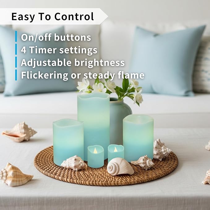 FURORA LIGHTING Blue Real Wax LED Candles with Remote and 6/18 Timer, 4 Pillars and 4 Votives Pack of 8, Flameless Flickering Candles for Home Décor, Battery Included
