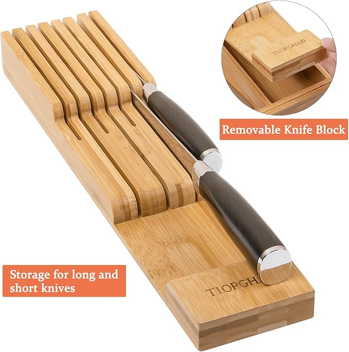 Bamboo-Silverware-Drawer-Organizer-Kitchen, Expandable Utensil Holder Cutlery Tray Flatware Organization Adjustable Wood Tableware Dividers Storage (with Removable Knife Block)(Natural)