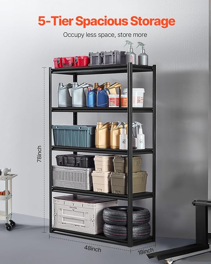VEVOR Storage Shelves, 3000 lbs, 5 Tier Garage Storage Shelving, 18" D x 48" W x 78" H Adjustable Metal Shelves for Garage Shelves Utility Rack Shelf, Ideal for Kitchen, Warehouse, Basement, Black