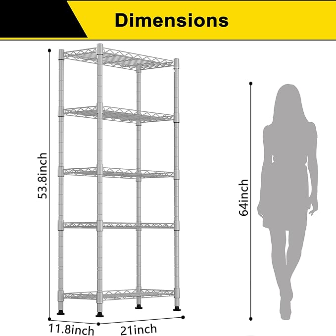GIOTORENT 5-Wire Garage Shelving Storage Shelves, Kitchen Storage Adjustable Shelf, Metal Shelves 500Lbs Capacity 21" L x 11.8" W x 53.8" H for Laundry Bathroom Pantry Closet, Grey