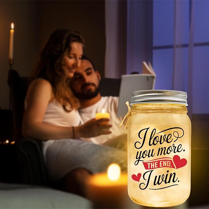I Love You More The End I Win Gift for Girlfriend Boyfriend, Best Wife Gift Ever I Love You Gifts For Her Birthday Gifts for Women Couple Gifts Romantic Gifts for Her Mason Jar Night Light gf bf Lamp