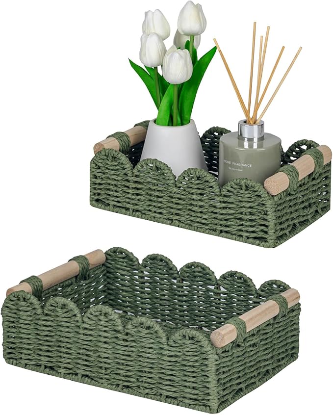 CubesLand Scalloped Edge Decor Baskets for Home, Living Room, Toilet Paper Storage Basket for Over Toilet Shelf, End Table,Shelves and More, Small Paper Rope Baskets Both Storage&Decor, Set 2 Green